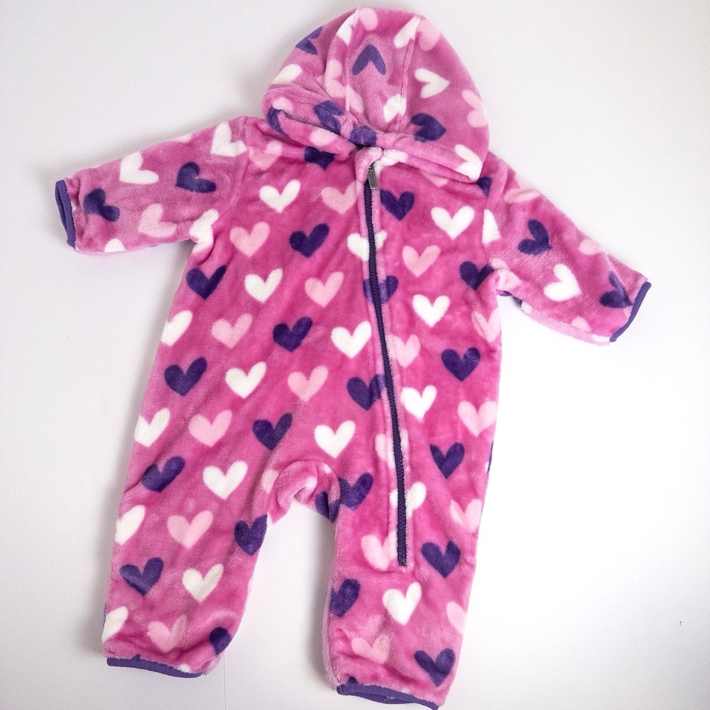 Hatley Fuzzy Fleece Heart Print Bundler Pram Suit Pink Purple Girls Sz 6-9m